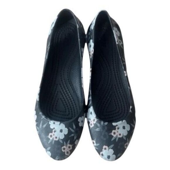 Crocs Womens Flats Size 5 Slip On Black Floral Ballet Shoes Comfort Water Shoes - Picture 7 of 11